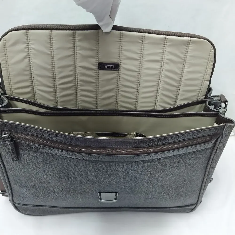 Tumi Brown Leather Gray Canvas Pushlock Laptop Briefcase Business Crossbody Bag